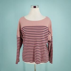 CP Shades Size Small S Pink Stripe Print Scoop Boat Neck Long Sleeve Cotton Top